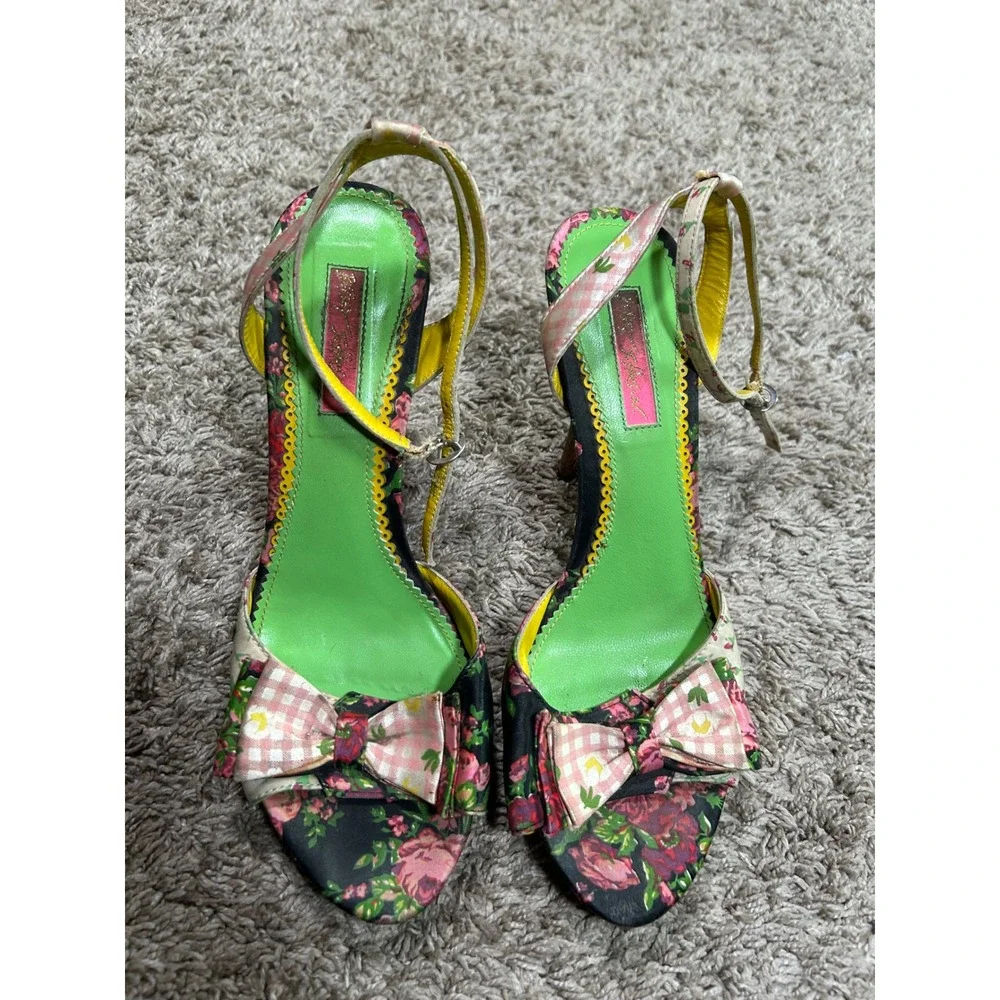 Vintage Y2K Betsey Johnson Floral Gingham Bow Sandals Cork Heel 8.5 Cottagecore